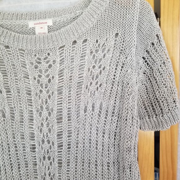 Sundance 100% Linen Crochet Top Size Medium Beige Short Sleeve Boho Festival - Picture 2 of 9